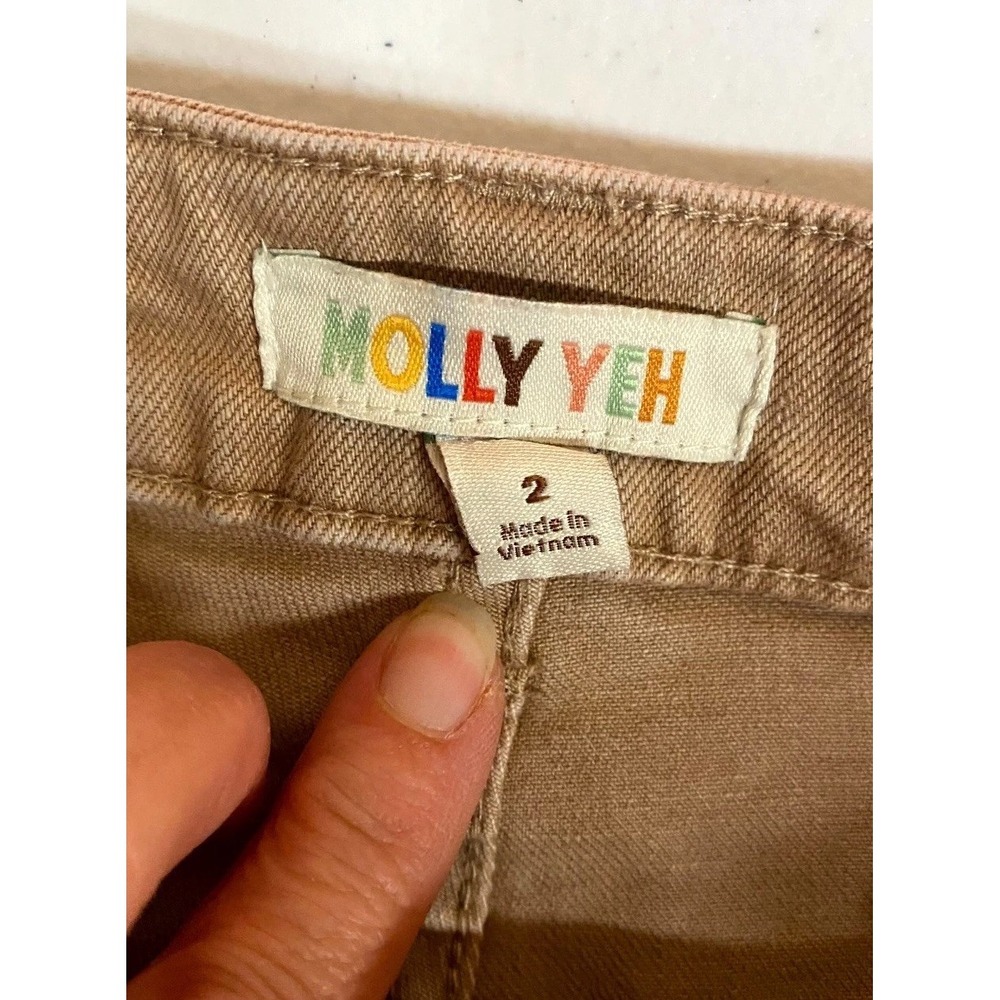 Molly Yeh Pants Womens 2 Brown Cotton Stretch Barrel Leg Flat Front Streetwear - Picture 4 of 12